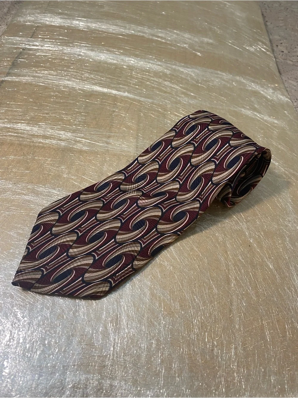 Halston Heritage Burgundy and Tan Geometric Silk Tie